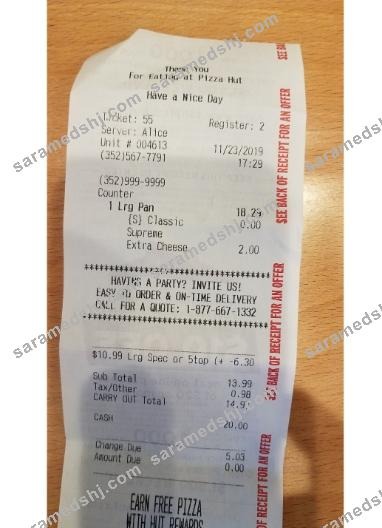 Pizza Hut restaurant payment receipt